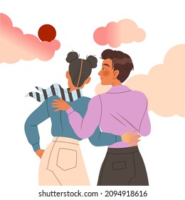 loving couple at sunset, back view. Happy people in romantic relationships vector illustration