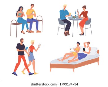 Loving couple surfing internet on mobile phone set. Girlfriend boyfriend using smartphone for networking online communication, watching video, viewing social media feed on dating, walking, in bedroom