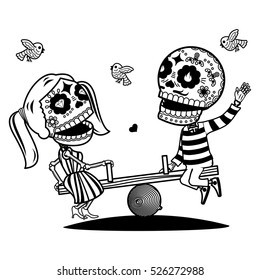 A loving couple swinging on a wooden swing. Vector flat and linear Illustration of skeleton. Web banners, advertisements, brochures, business templates. Isolated on a white background.