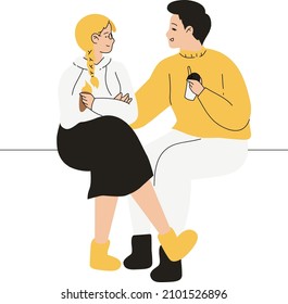 Loving couple are talking each other. A man and a woman are sitting at a table in a cozy restaurant. Vector illustration in a flat style