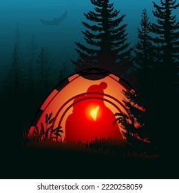 Loving couple in a tent. Forest at night. Vector illustration.