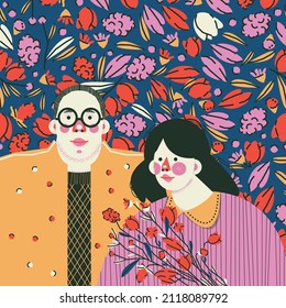 The loving couple together. Date of lovers. Cute print, greeting card for valentine's day. Vector illustration.