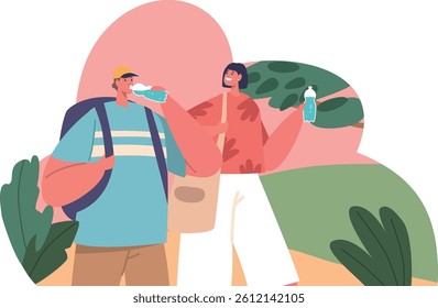 Loving couple tourists drinking water