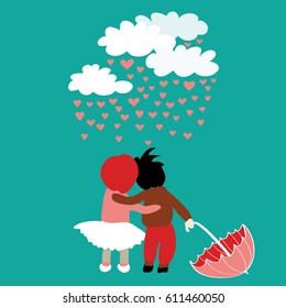 Loving couple with umbrella with clouds with raining hearts above them. Vector illustration on turquoise background