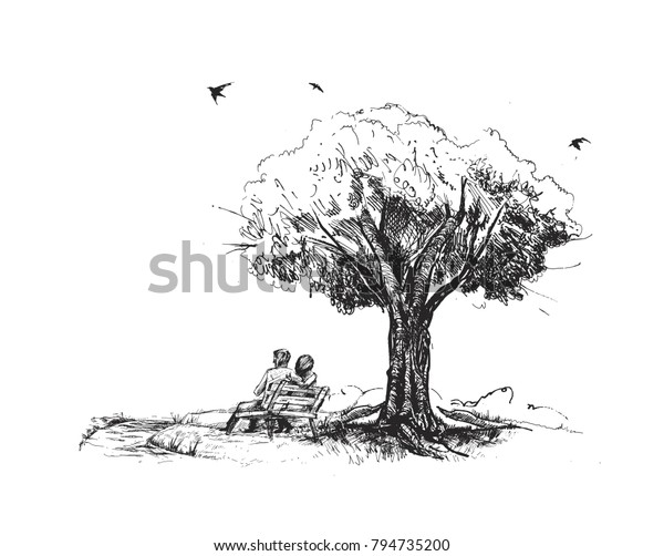 Loving Couple Under Big Tree Park Stock Vector Royalty Free