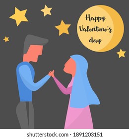 Loving couple under the moon and stars holding hands