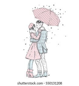 Loving couple under an umbrella. Beautiful guy and the girl in fashionable clothes. Vector illustration for a card or poster. Fashion & Style.