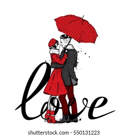 Loving couple under an umbrella. Beautiful guy and the girl in fashionable clothes. Vector illustration for a card or poster. Fashion & Style.