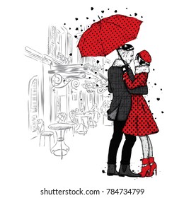 Loving couple under an umbrella. Beautiful guy and the girl in fashionable clothes. Vector illustration for a card or poster. Fashion & Style.