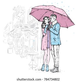 Loving couple under an umbrella. Beautiful guy and the girl in fashionable clothes. Vector illustration for a card or poster. Fashion & Style.