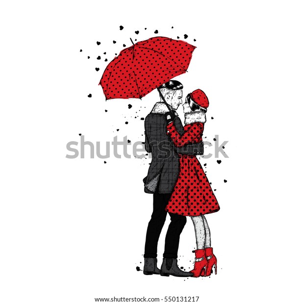 傘の下で恋人同士 美しい男とおしゃれな服を着た女の子 カードまたはポスターのベクターイラスト ファッション のベクター画像素材 ロイヤリティフリー 550131217