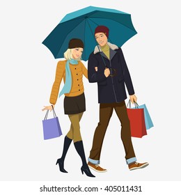 loving couple under an umbrella in the rain. vector illustration of a shopping young couple walks in the rain