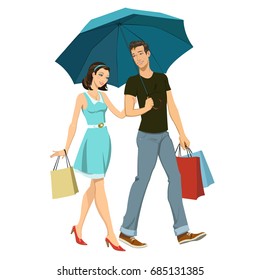 loving couple under an umbrella in the rain. vector illustration of a shopping young couple walks in the rain