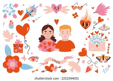 Loving couple and various romantic objects around, cartoon style. Valentine's Day concept. Trendy vector illustration isolated on white, hand drawn, flat 