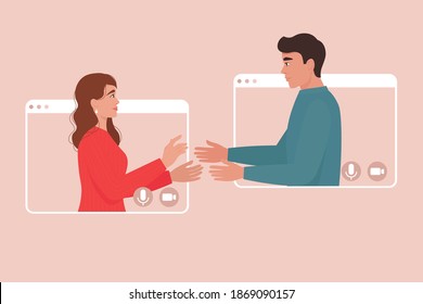 Loving couple in video call frames. Online dating, birthday, christmas, new year, valentines day. Meeting, video conference concept