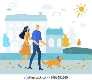Loving Couple Walking with Dog in City Park in Sunny Autumn Weather with Fallen Leaves Flying around. Young Family Playing with Pet Outdoors. Leisure, Sparetime, Love. Cartoon Flat Vector Illustration