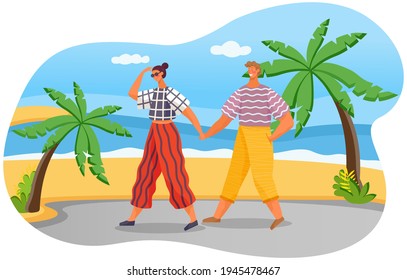 Loving couple walking on sandy beach. Guy and girl are on coast. People spend time at resort
