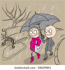 Loving couple walking park in rain. Autumn weather rain. Cartoon illustration in vector format