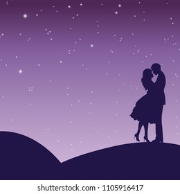 A loving couple walks under the starry sky