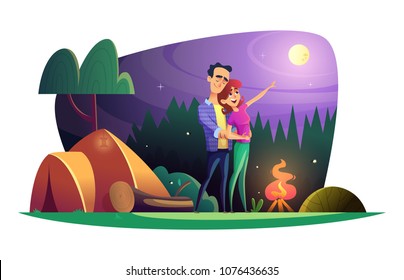 Loving couple watches the full moon and spends time outdoors. Guy and girl at the campsite