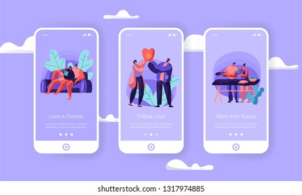 Loving Couple at Weekend Mobile App Page Onboard Screen Set. Boy and Girl Cook Salad for Picnic Launch Sky Lantern Lying on Couch Concept for Website. Flat Cartoon Vector Illustration