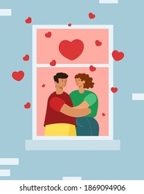 A loving couple in the window, hugging, hearts flying around. Valentine's Day