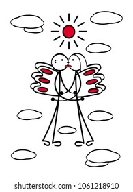 A loving couple with wings in flight among the clouds. Man and woman, boy and girl. Red hearts. A metaphorical cartoon figure. Love and kiss. Vector graphics.