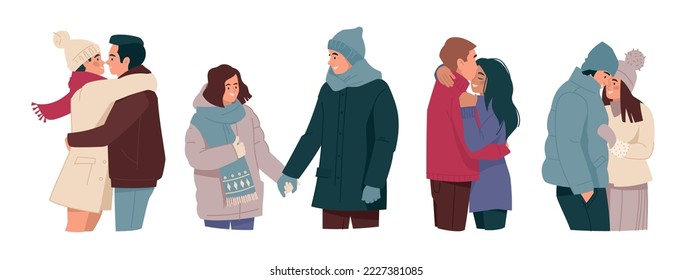 Loving couple in winter clothes. Hugs, romance, meeting lovers. Man and woman are kissing. Vector image.