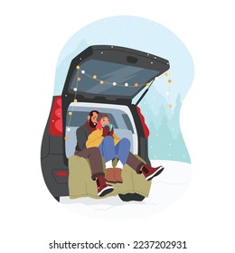 Loving Couple Winter Date, Romantic Sparetime. Man and Woman Characters Drinking Hot Tea Sitting in Car Trunk Decorated with Garland, Christmas Holidays Together. Cartoon People Vector Illustration