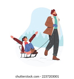 Loving Couple Winter Date, Romantic Sparetime. Male and Female Characters Riding on Sled at Wintertime Christmas Holidays Vacation. Man Pull Sledge with Woman. Cartoon People Vector Illustration