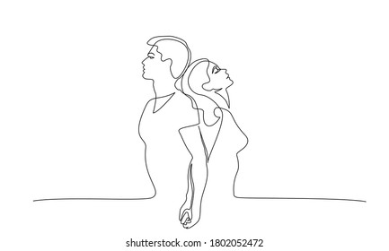 Loving couple woman and man standing back to back. Continuous one line art drawing style. Black linear sketch isolated on white background. Vector illustration