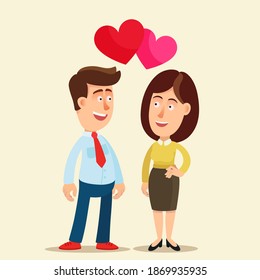 A loving couple at work with hearts above their heads. Work colleagues fell in love with each other. Vector illustration, flat design, cartoon style, isolated background.