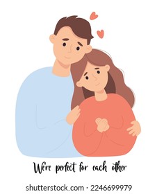 Loving couple of young people. guy gently hugs girl. Romantic valentine card Were perfect for each other. Vector illustration with love family