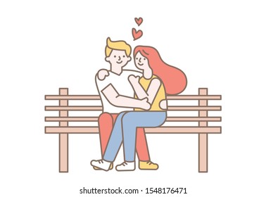 Loving Couple. Young People in Love Spend Time Together. Hugging and Kissing on Bench. Flat design line style minimal vector illustration.
