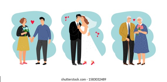 Loving couples of different ages. Teenagers, newlyweds and seniors isolated on white background. Vector cartoon characters set