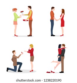 Loving couples greet Valentine's Day. Men and women in relationships enjoy the holiday.