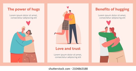 Loving Couples Hug Cartoon Banners, Romantic Relations Concept. Happy Men and Women Embracing and Hugging. Male Female Characters Dating, Love, Connection, Romance Feelings. People Vector Posters