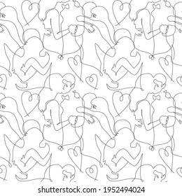 Loving couples hug, close together. Black and white contemporary art pattern. One line continuous style. Romantic, enamored texture for Valentine's day, wedding, decor, design for young adult.