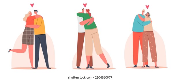 Loving Couples Hug, Romantic Relations Concept. Happy Men and Women Embracing and Hugging. Male Female Lovers Characters Dating, Love, Connection, Romance Feelings. Cartoon People Vector Illustration
