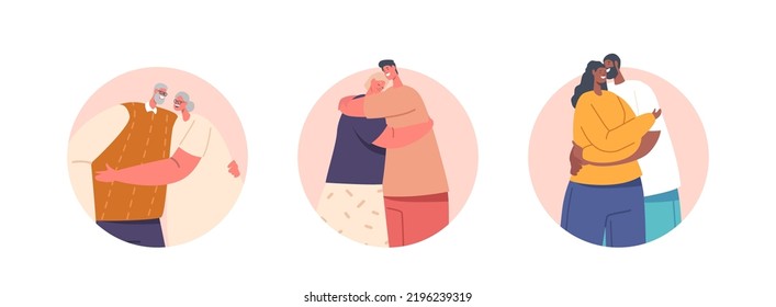 Parejas amorosas abrazando íconos redondos aislados, hombres o mujeres mayores y jóvenes sosteniendo manos, abrazando. Feliz Relación, Familia Fuerte, Felices Sentimientos Románticos y Amor. Ilustración del vector de dibujos animados