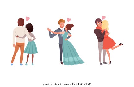 Loving Couples of Man and Woman Embracing and Dancing Together Vector Set