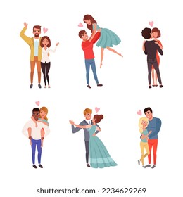 Loving Couples of Man and Woman Embracing, Kissing and Dancing Vector Set