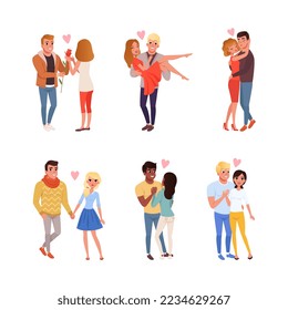 Loving Couples of Man and Woman Holding Hands, Kissing and Embracing Vector Set