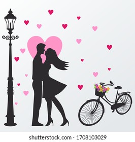 Loving Couples near A Lamppost and bicycle Valentines Day Vector Illustration	