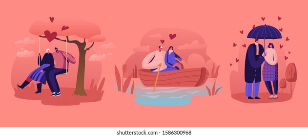 Loving Couples Relations Set. Young People in Love Spend Time Together, Man and Woman Walking under Umbrella in Rainy Weather Floating on Boat and Riding Swing in Park. Flat Vector Illustration