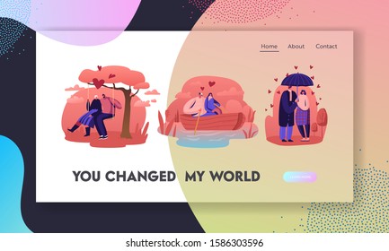 Loving Couples Relations Website Landing Page. Young People in Love Walking under Umbrella in Rainy Weather, Floating on Boat and Riding Swing in Park Web Page Banner. Cartoon Flat Vector Illustration