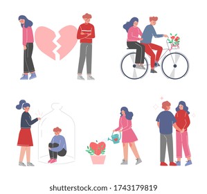 Loving Couples Relationships Set, Couple on Romantic Date, Unrequited or Rejected Love Vector Illustration