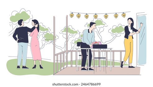 Loving couples relaxing outdoors simple style design. Man and woman at backyard or garden. Love, passion, romance concept. Line art style vector illustration on white background