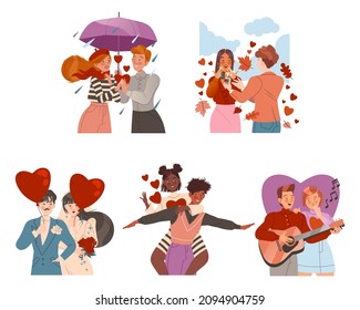 Loving couples set. Happy people in romantic relationships vector illustration