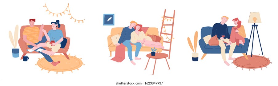 Loving Couples Set. Young Heterosexual People in Love Spend Time Together, Man and Woman Hugging on Couch, Drink Wine and Tea at Home Interior. Romance Cartoon Flat Vector Illustration, Line Art